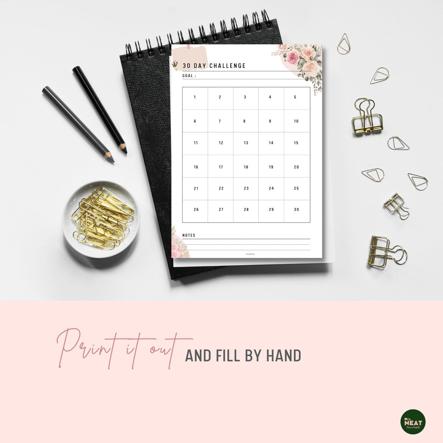Floral 30 Day Challenge Planner printed out and put on the black book with aesthetic stationaries surround