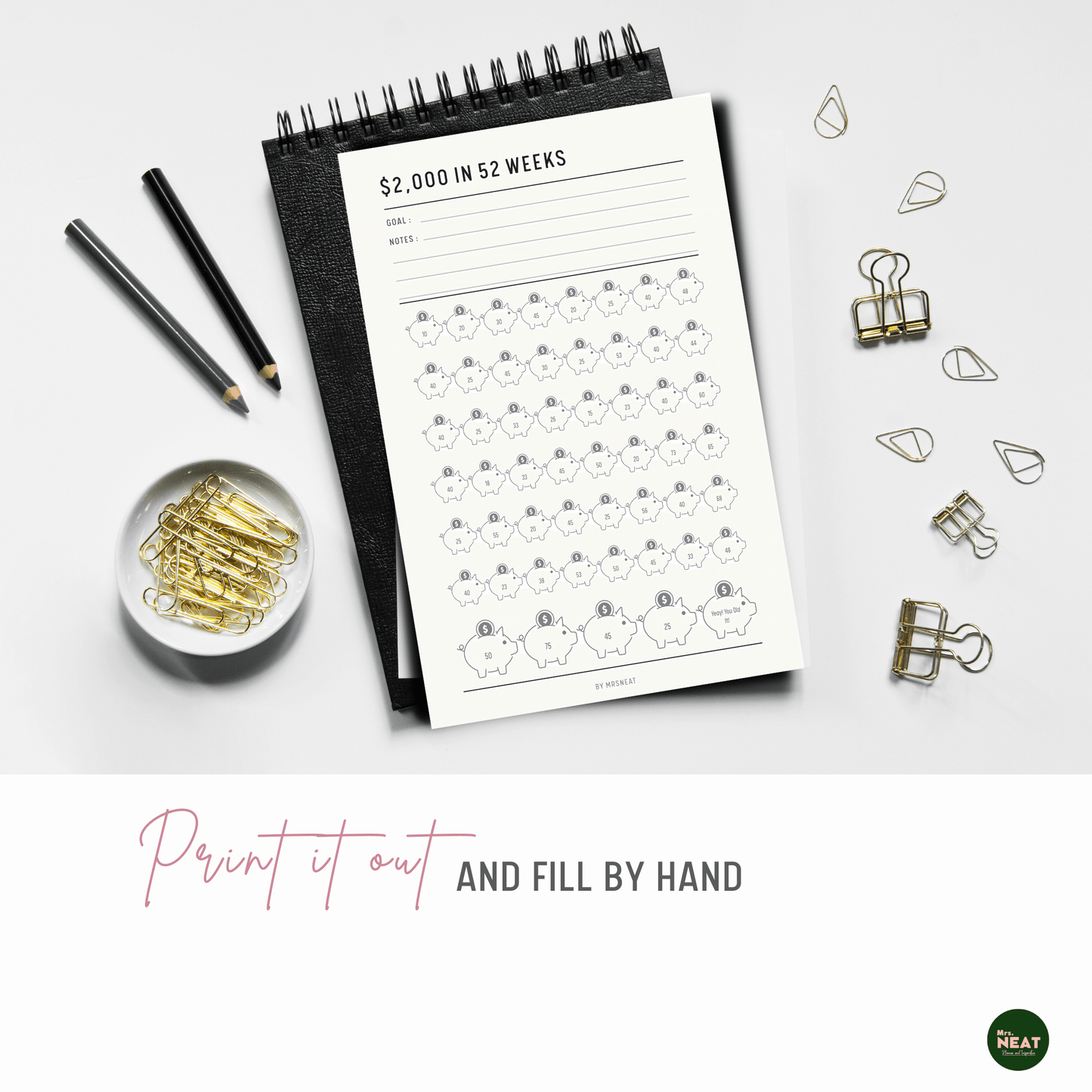 $2,000 Money Savings Challenge in 52 Weeks Planner can be print out and fill by hand