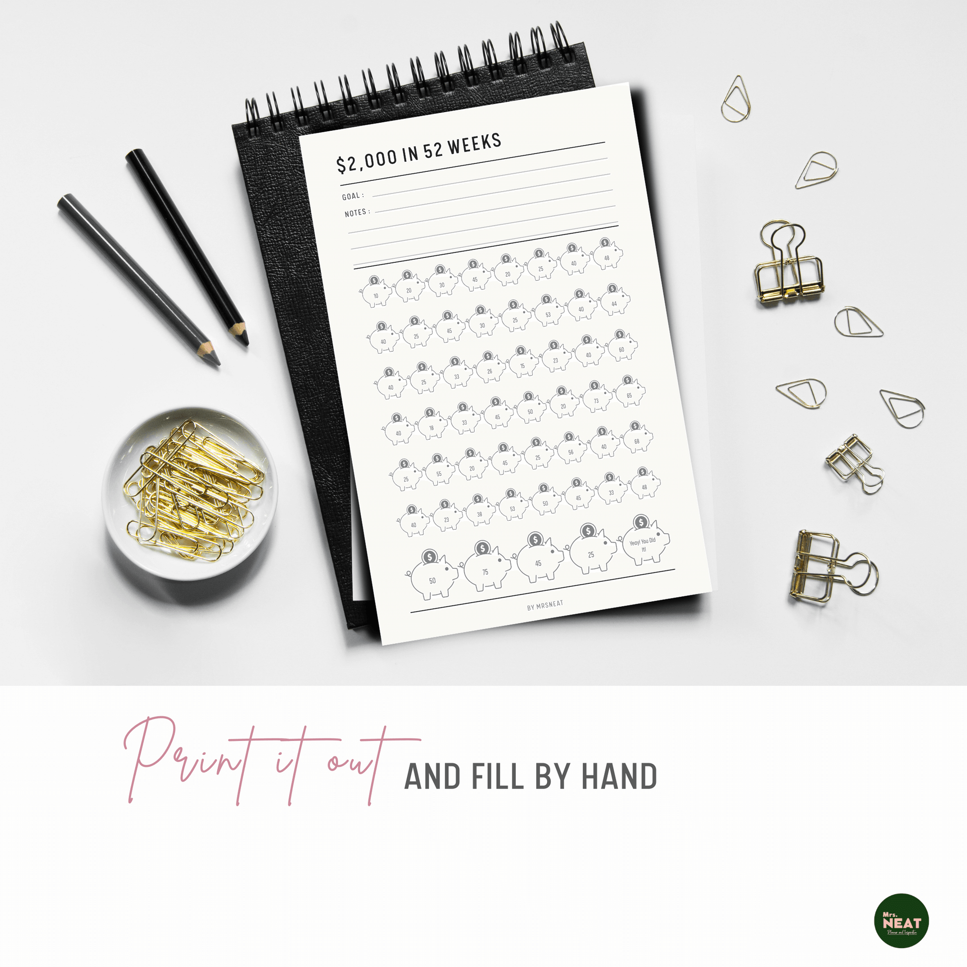 $2,000 Money Savings Challenge in 52 Weeks Planner can be print out and fill by hand