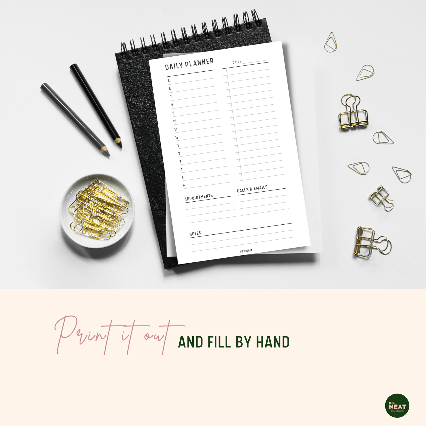 Minimalist Productivity Daily Planner printed out and put on the black book with aesthetic stationery surround