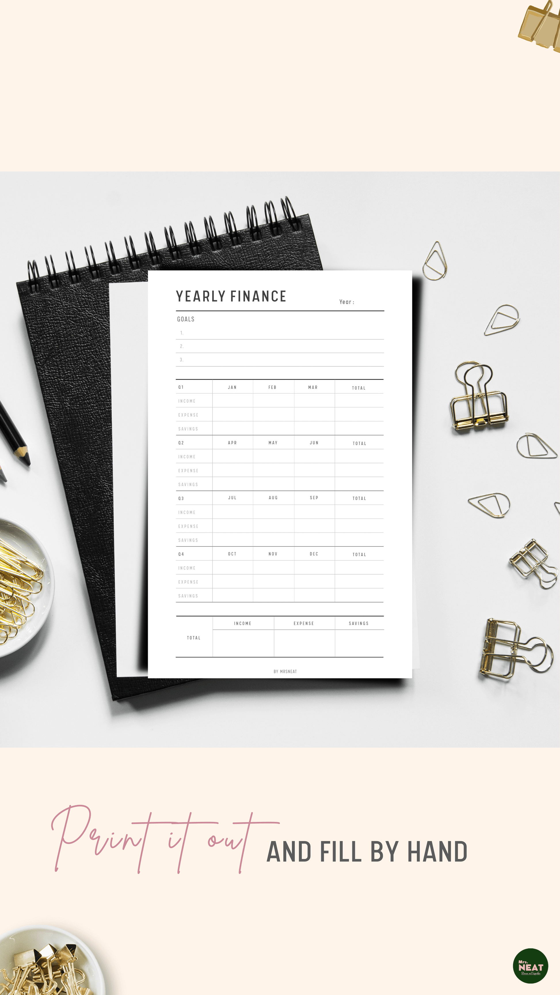 Yearly Financial Planner printed out and put on the black book with stationery surround