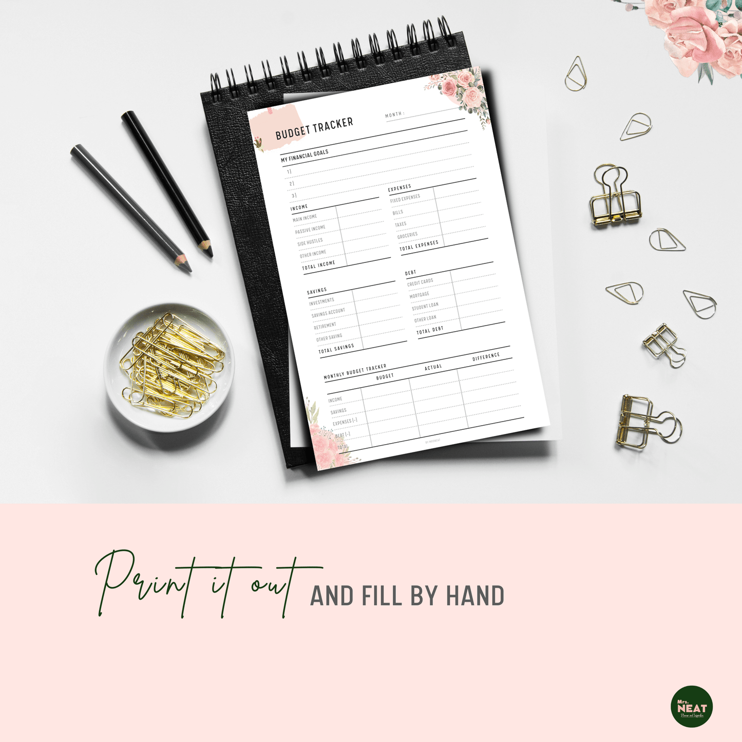 Cute Floral Budget Tracker printed out and put on the black book with aesthetic stationery surround