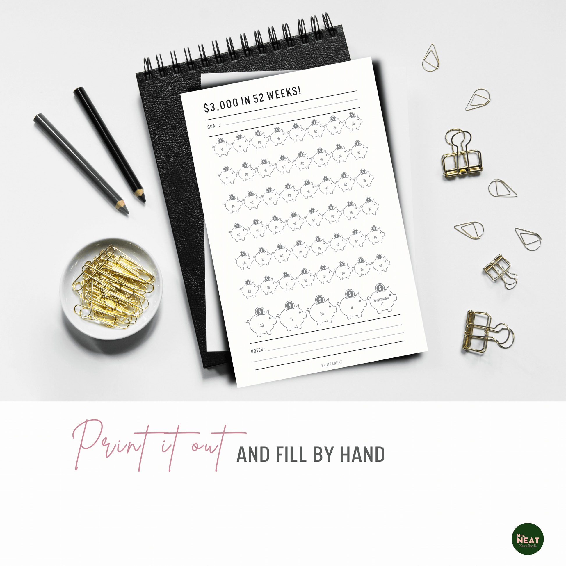 Cute saving challenge planner that saved $3000 in 52 weeks can be print out and fill by hand