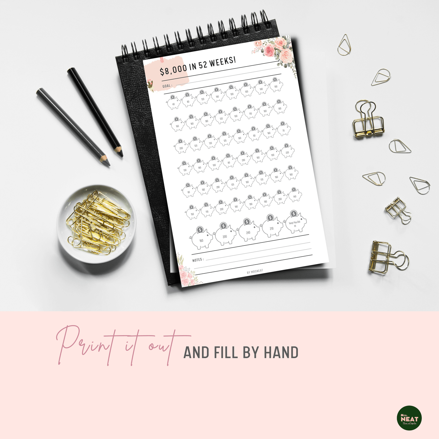 Floral Money Saving Challenge Planner that save $8000 in 52 weeks printed out on paper