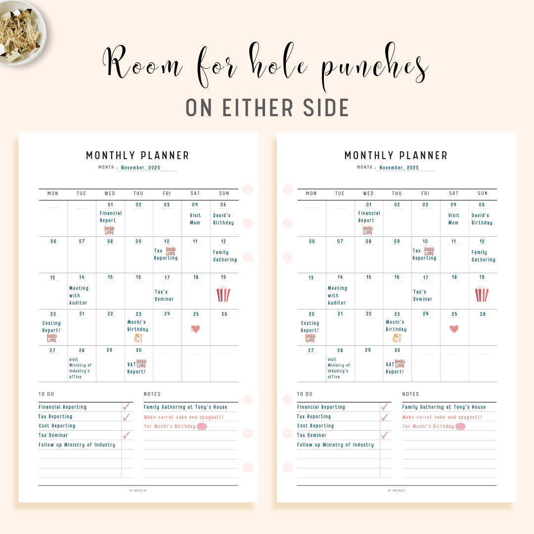 Minimalist Monthly Planner printable with room for hole punches on either side