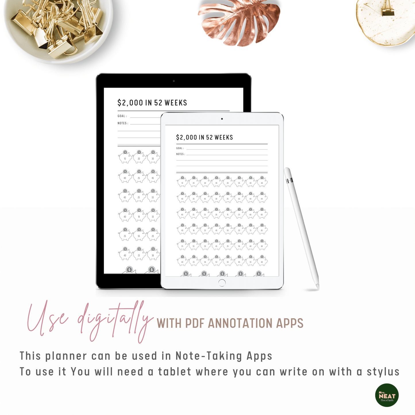 $2,000 Money Savings Challenge in 52 Weeks Planner can be use digitally with PDF Annotation Apps
