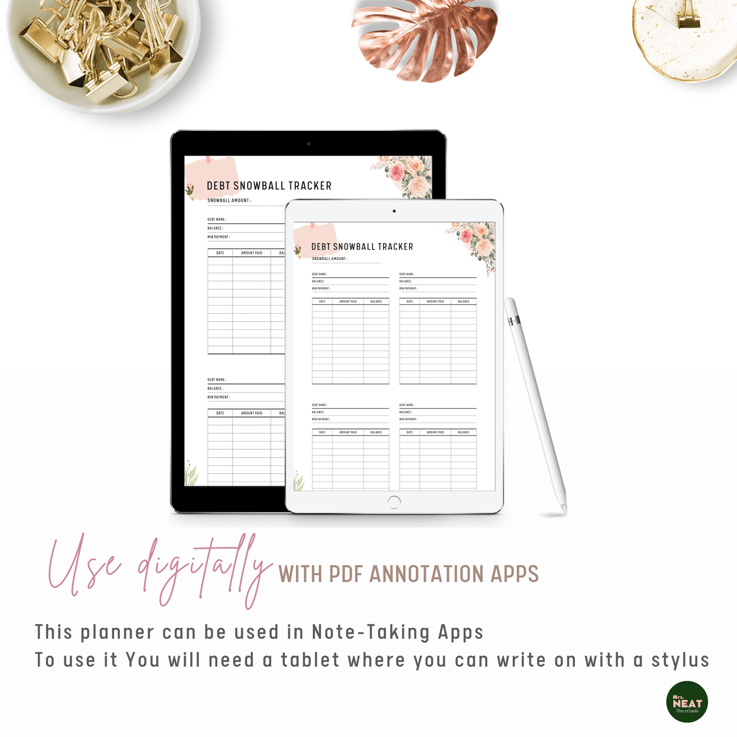 Digital Pink Floral Minimal Debt Snowball Tracker Planner use digitally with Tablet and Stylus