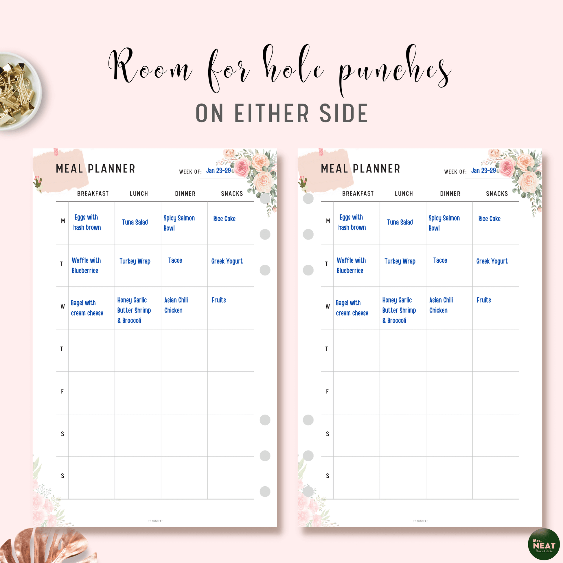 Floral Weekly Meal Planner Printable with room for hole punches on either side