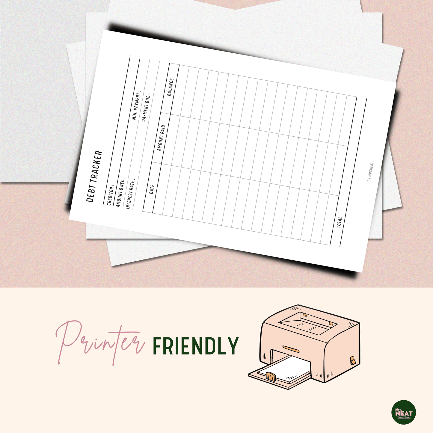 Cute and Minimalist Debt Payment Tracker Planner printed out from pink printer