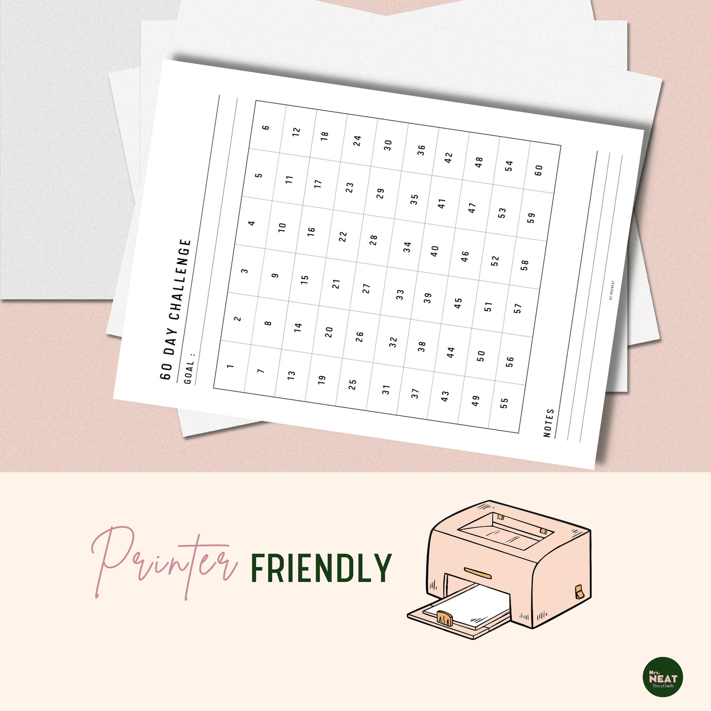 Clean and Minimalist 60 Day Challenge Planner with Pink Printer