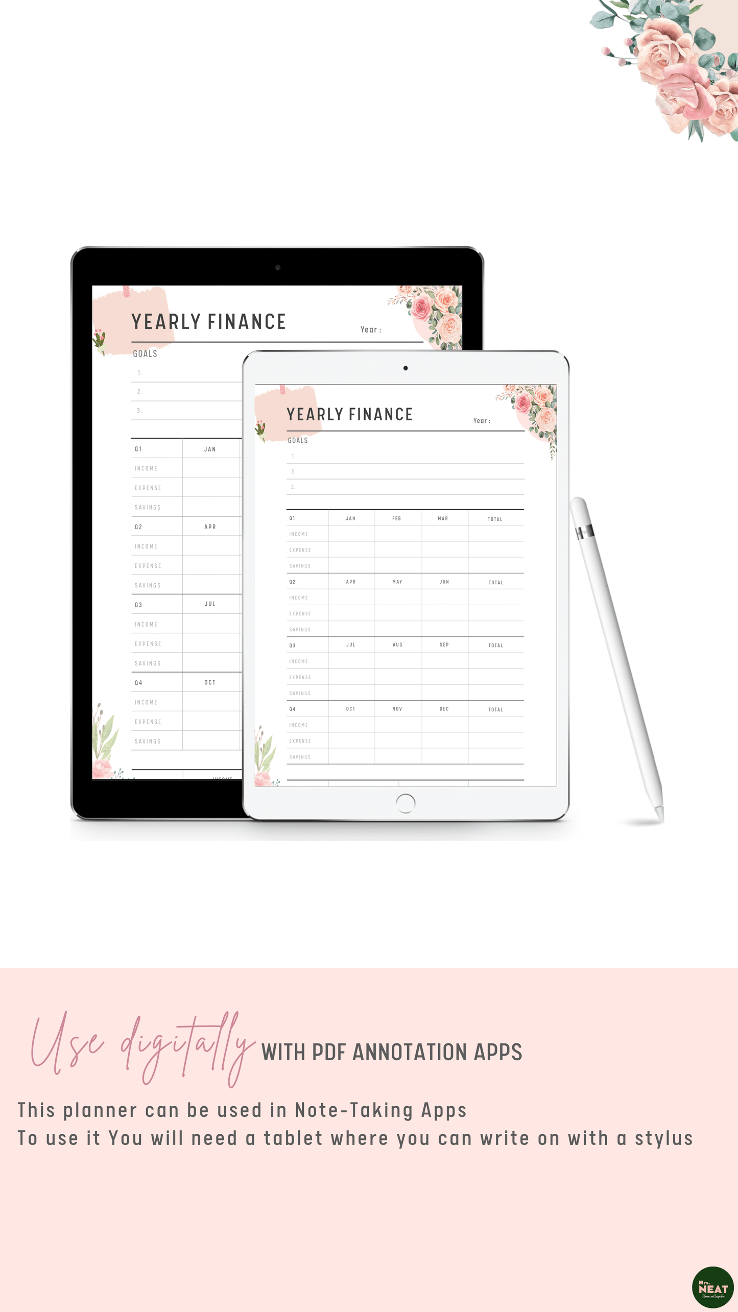 Floral Yearly Financial Planner use digitally with Tablet and Stylus