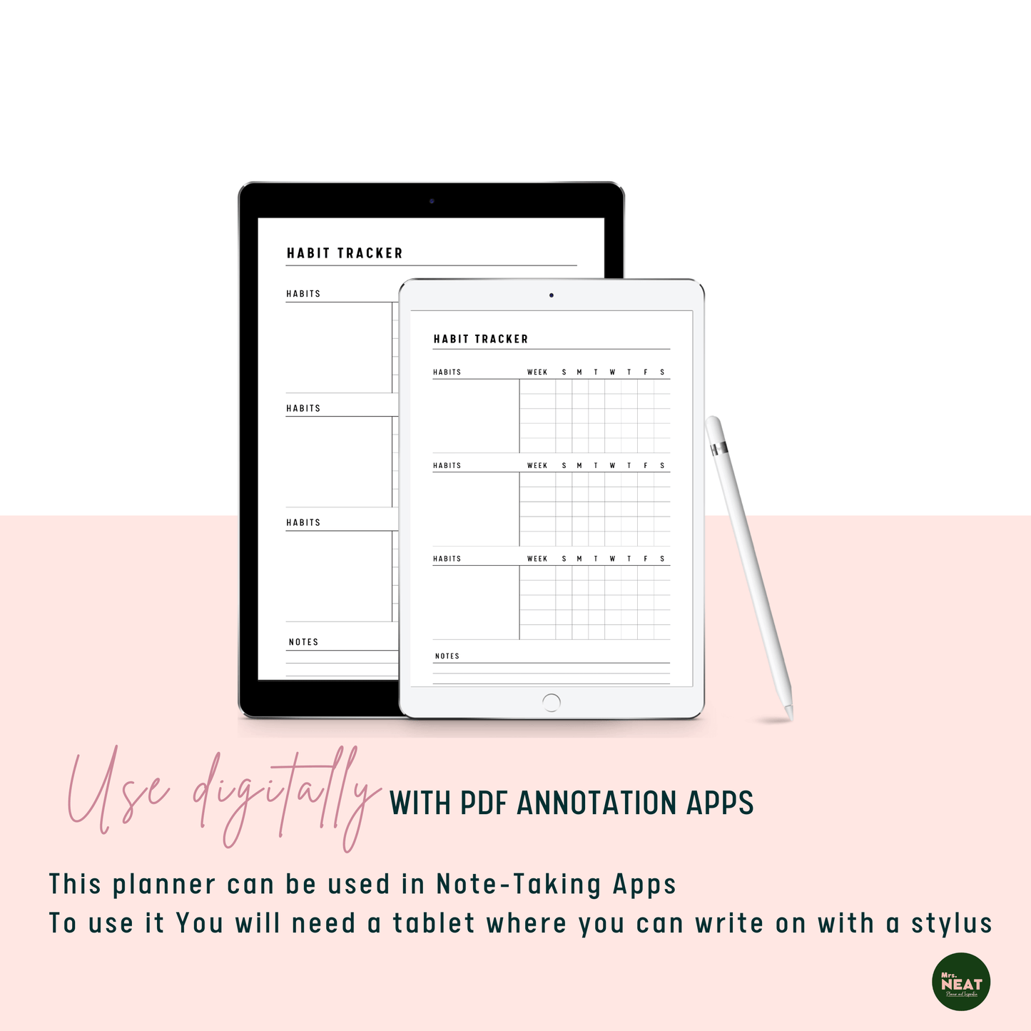 beautiful and clean daily habit tracker planner use digitally with tablet and stylus
