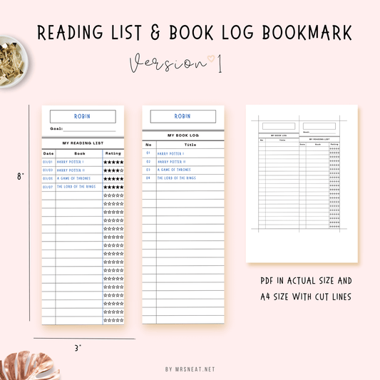 Cute and Beautiful Reading List with room for reading goal and Book Log bookmark with 8 inch x 3 inch size