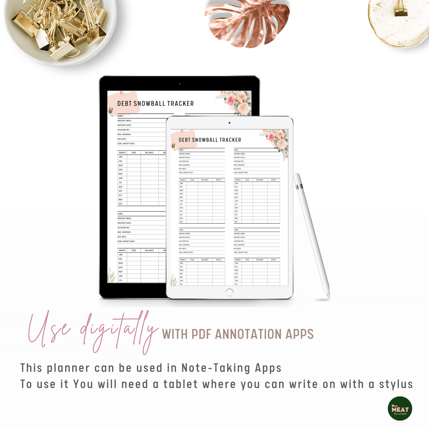 Floral Debt Snowball Tracker Planner use digitally with Tablet and Stylus