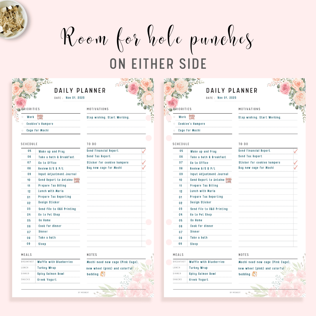 Pink Floral Daily Planner Printable with room for hole punches on either side