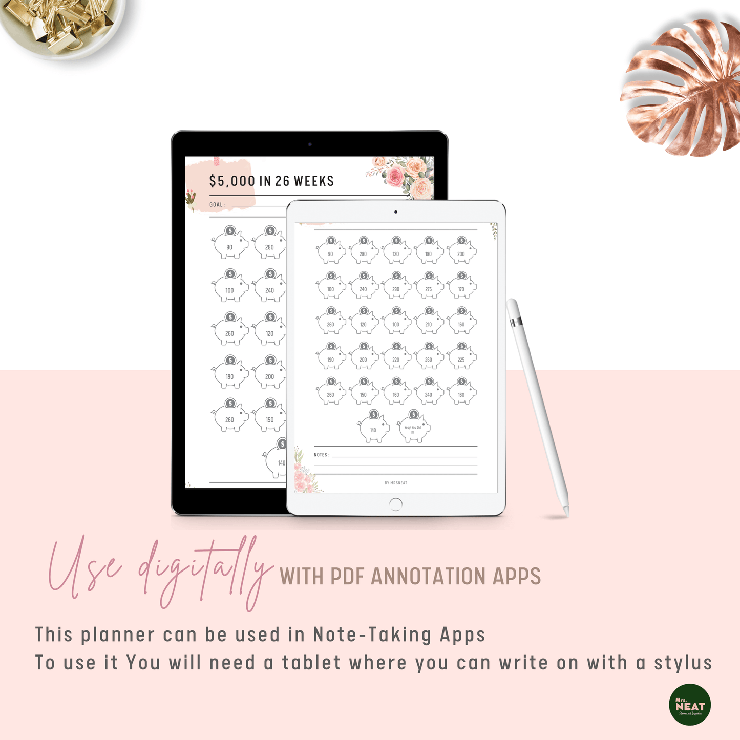 Floral $5000 Money Saving Challenge in 26 Weeks Planner used Digitally with Tablet and Stylus