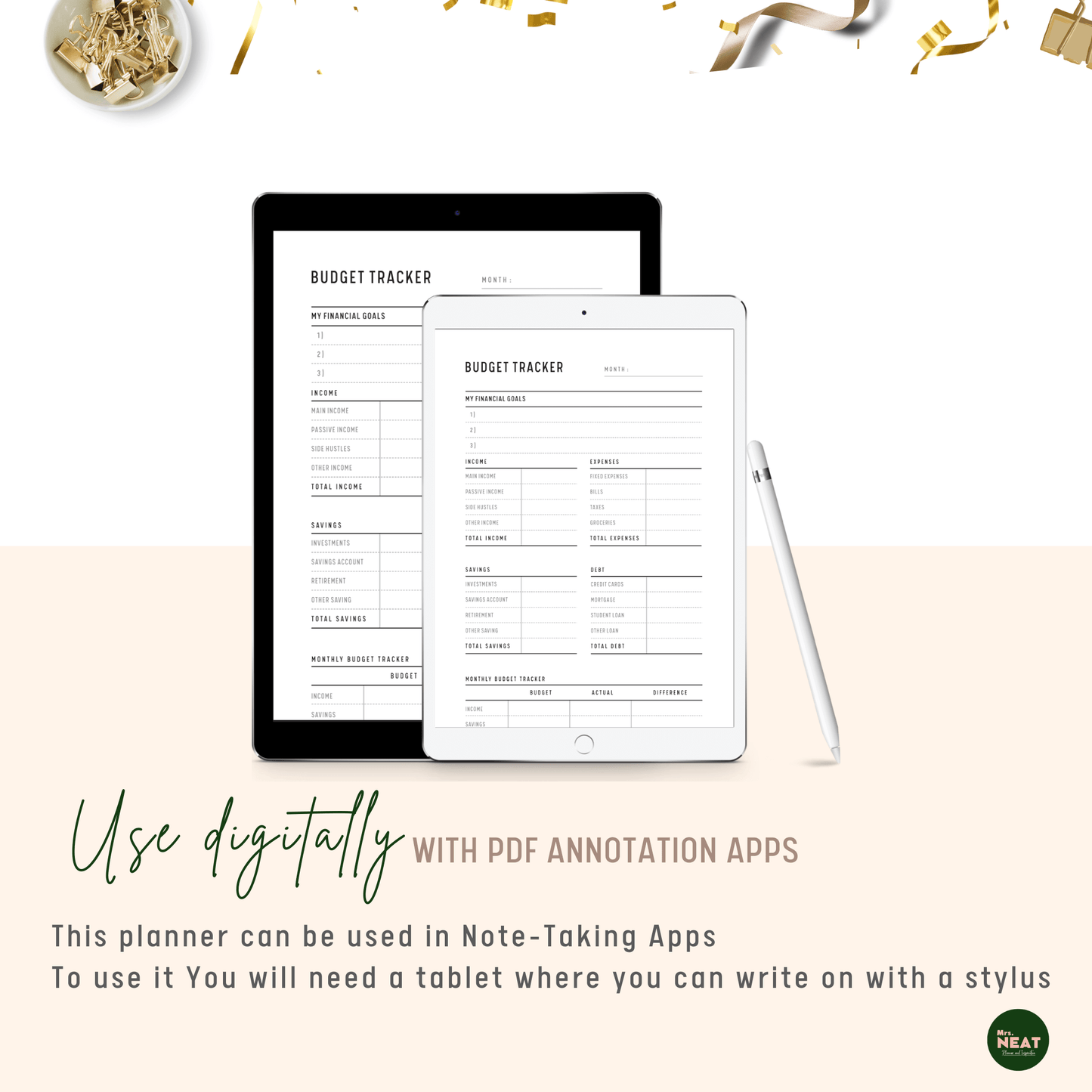 Monthly Budget Tracker Planner use digitally with Tablet and Stylus