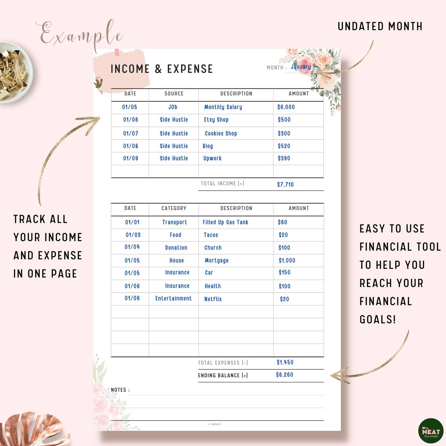 Floral Income and Expense Tracker Planner with list item of income and expenses as an example