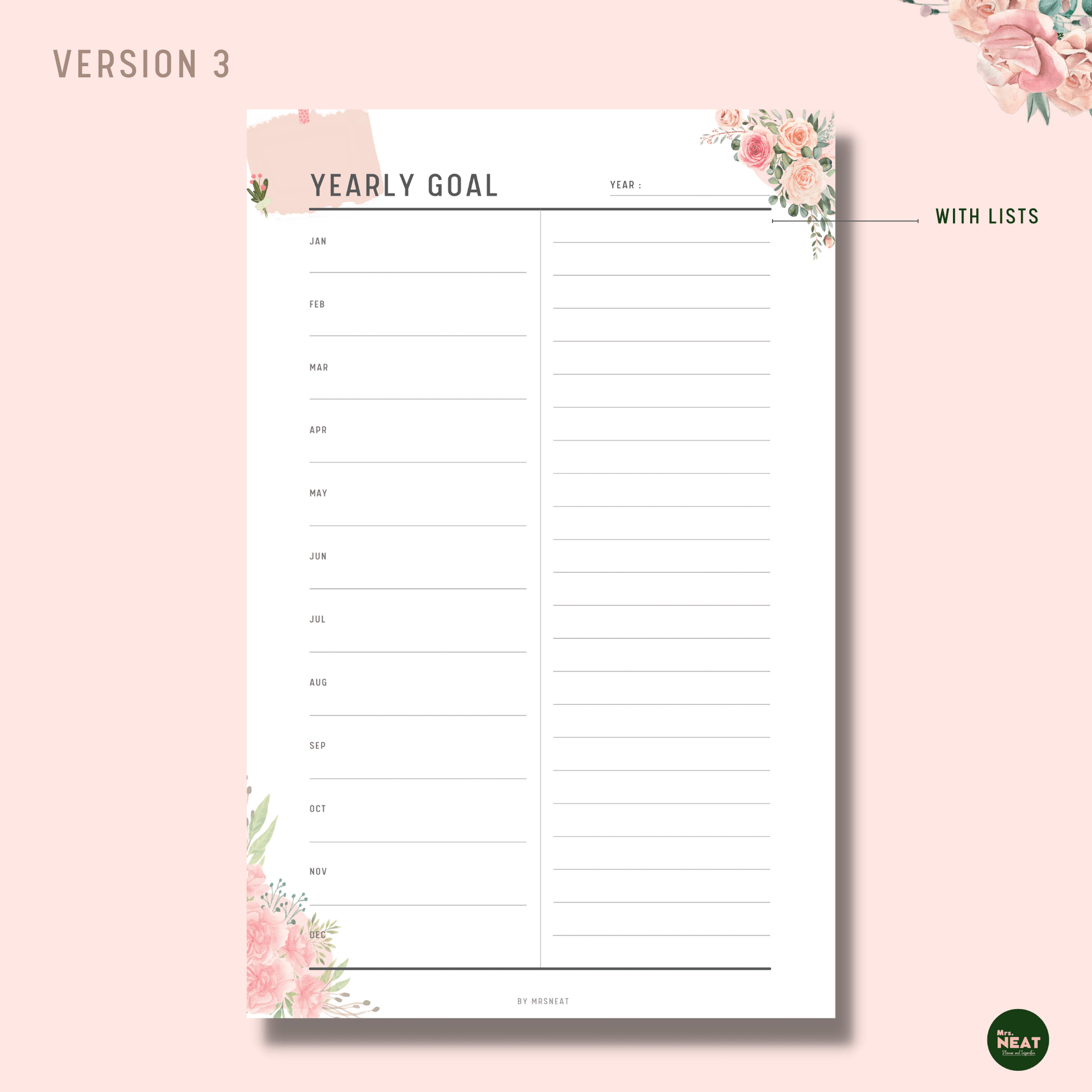 Floral New Year Goal Planner with 12 months and room for notes or lists