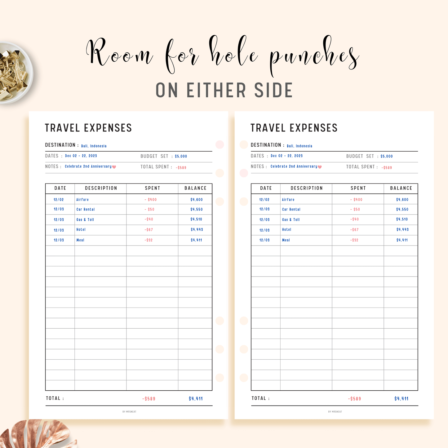 Travel Expenses Tracker Planner Printable with room for hole punches on either side