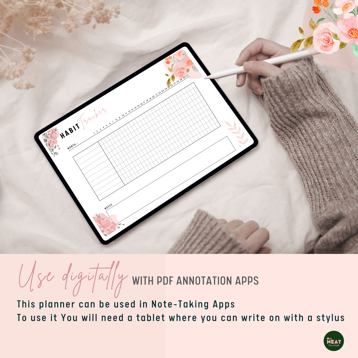 Cute and Minimalist Floral Monthly Habit Tracker use digitally with Tablet and Stylus