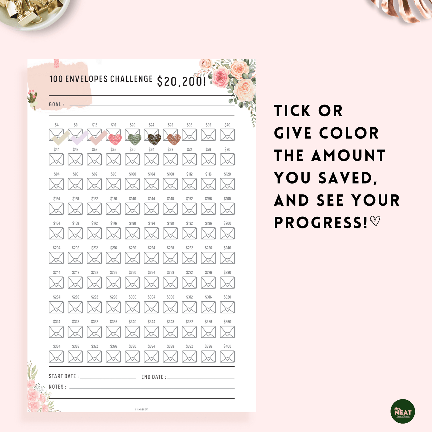 Beautiful Floral 100 Envelope Saving Challenge Planner to tracking the progress of $20200 in 100 weeks