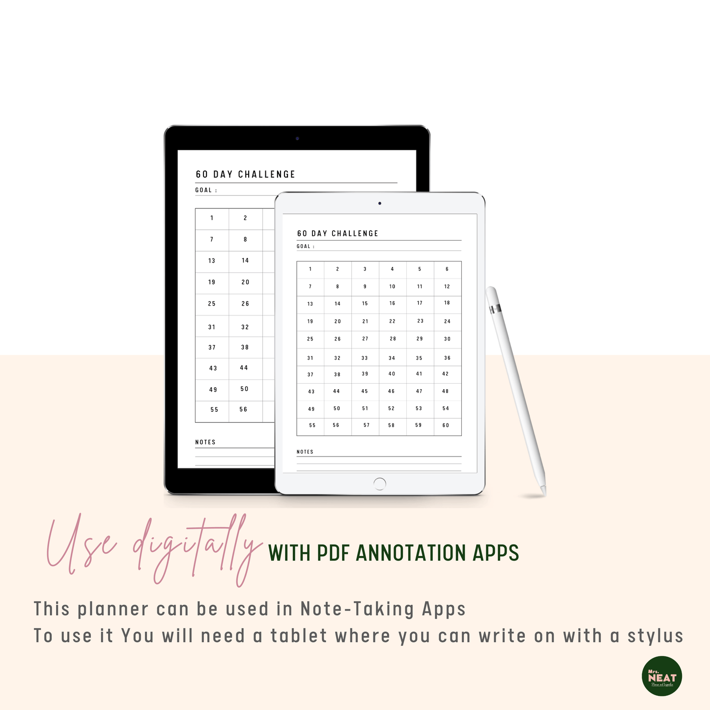 Clean 60 Day Challenge Planner use digitally with Tablet and Stylus