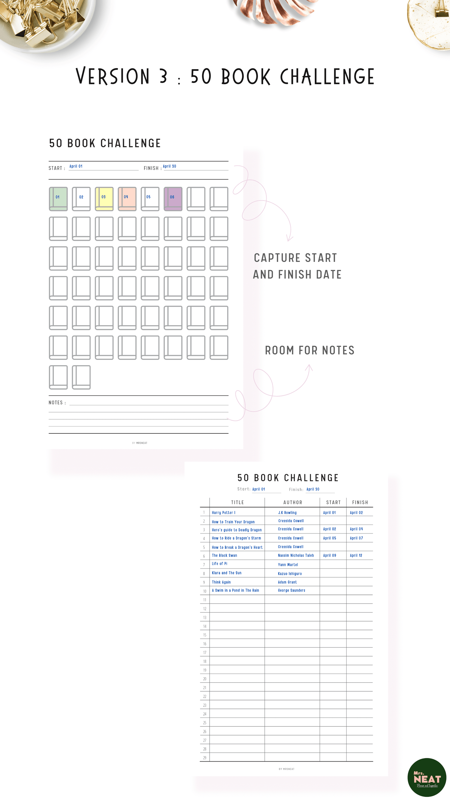 Clean and Beautiful 50 Book Challenge Planner with list of the books