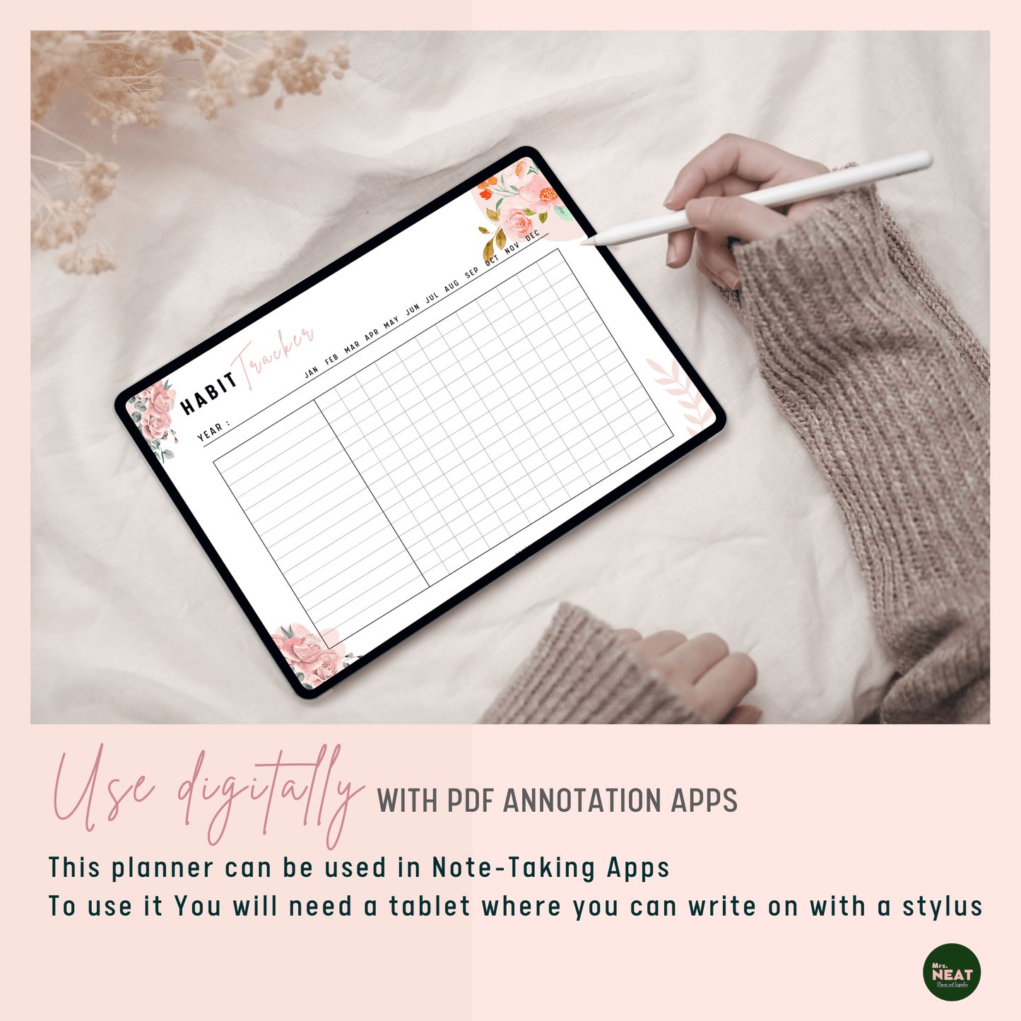 Beautiful Floral Horizontal Yearly Habit Tracker Planner use digitally on tablet with stylus