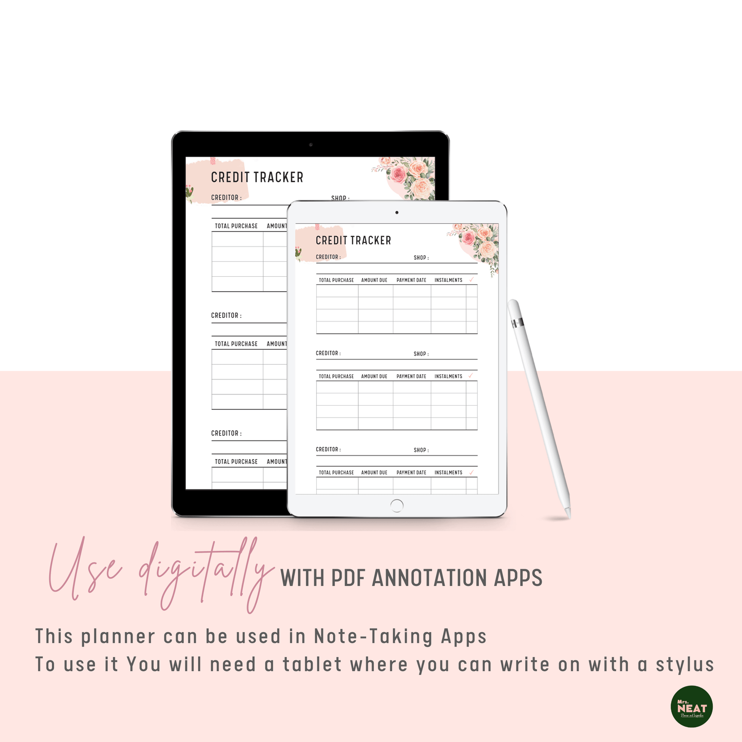 Floral Credit Tracker Planner use digitally with tablet and stylus