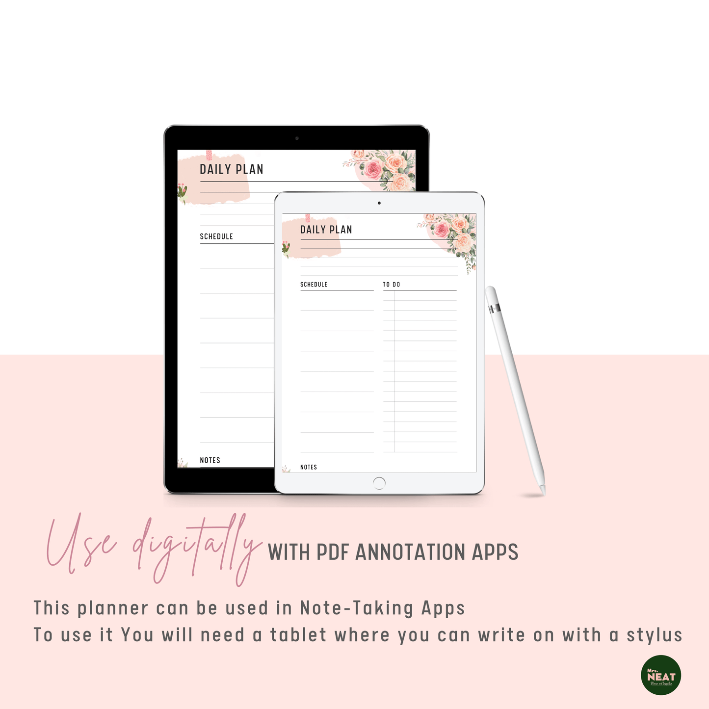Minimalist Floral Pink Daily Planner use digitally on tablet with stylus