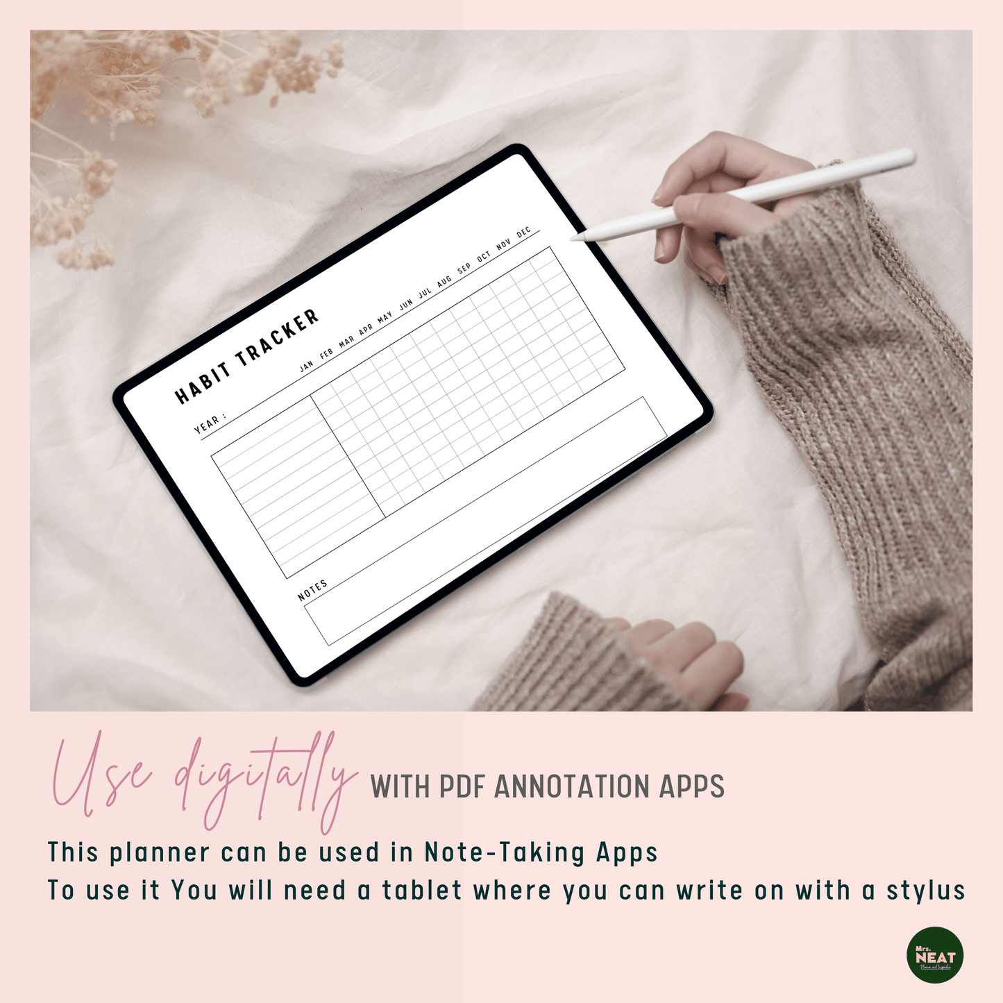 Clean and Cute Yearly Habit Tracker use digitally with Tablet and Stylus