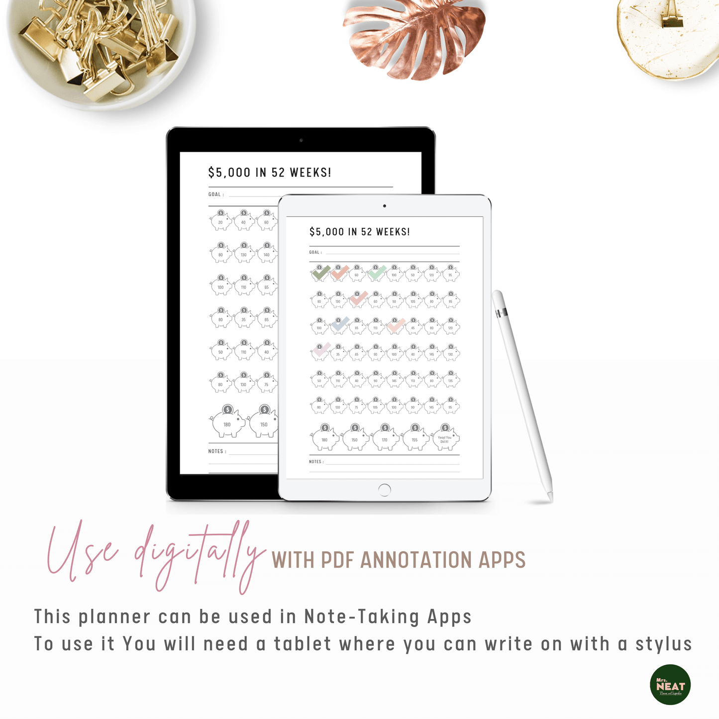 $5000 Saving Challenge Planner in 52 Weeks use digitally with Tablet and Stylus