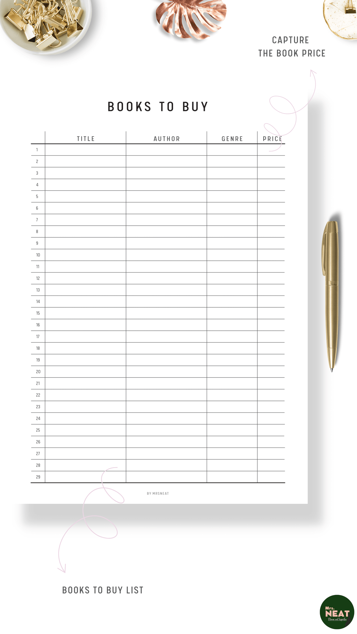 Clean and Beautiful Books to Buy Printable with room for title, author, genre and price