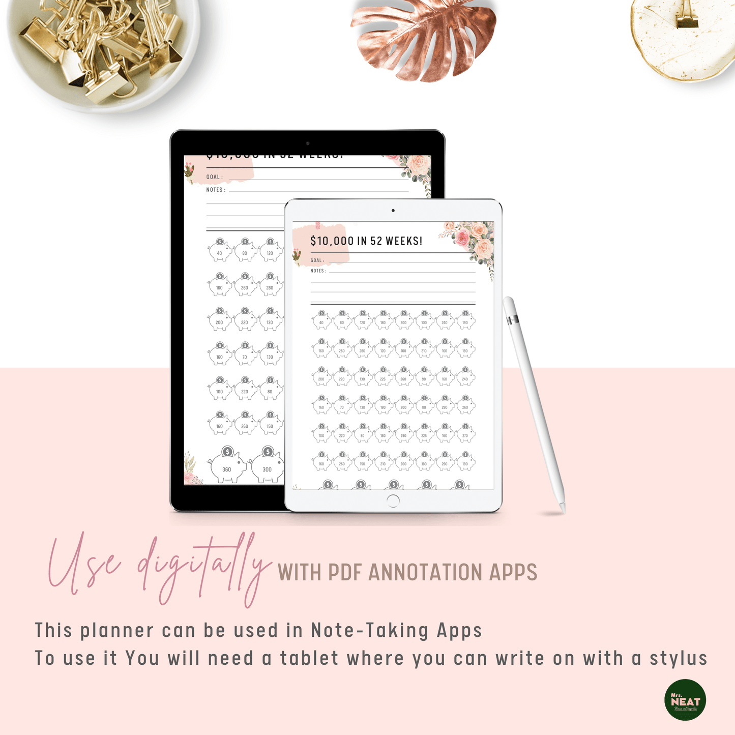 Floral Money Saving Challenge Planner to save $10000 in 52 weeks used digitally with Tablet and Stylus