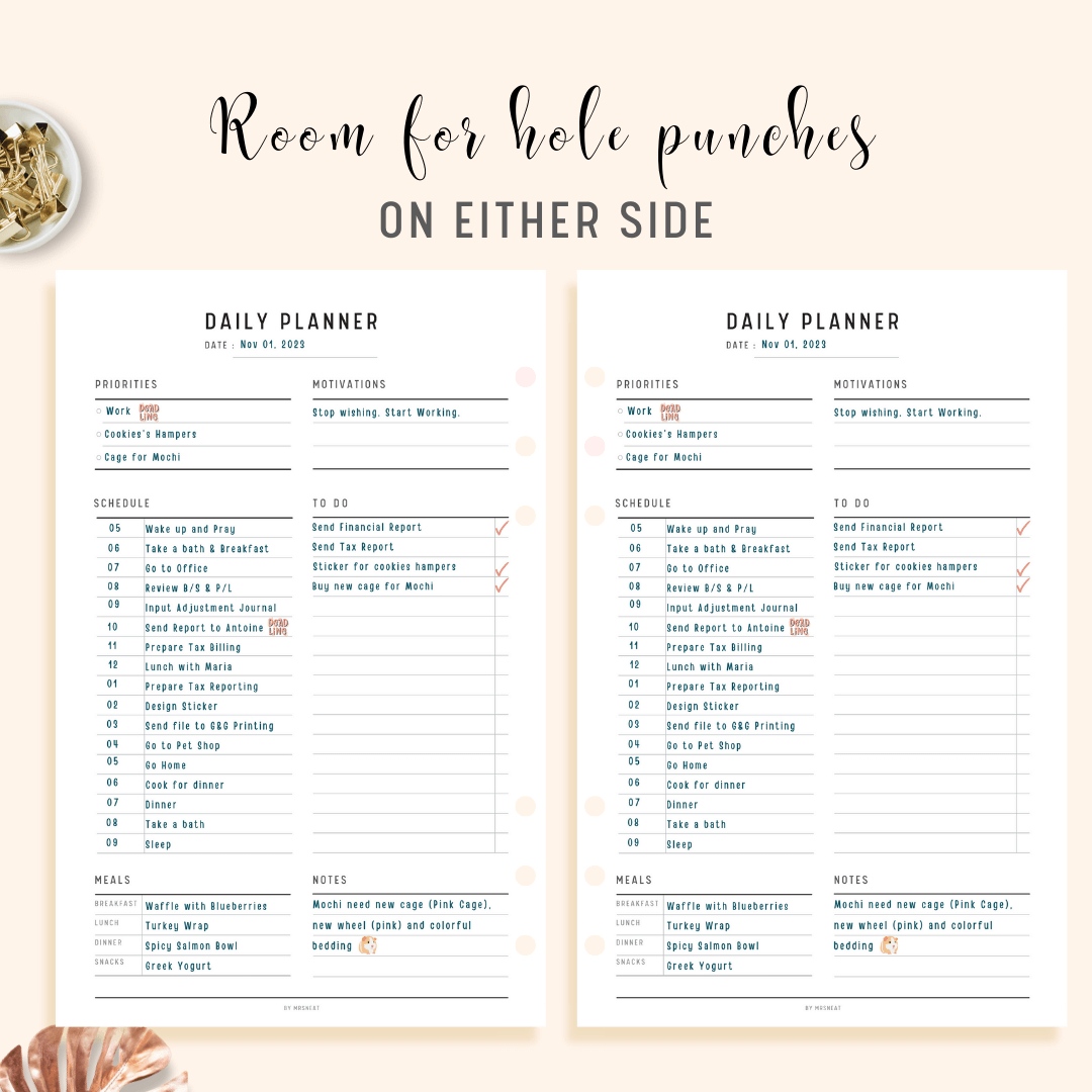 Minimalist Daily Planner Printable with room for hole punches on either side