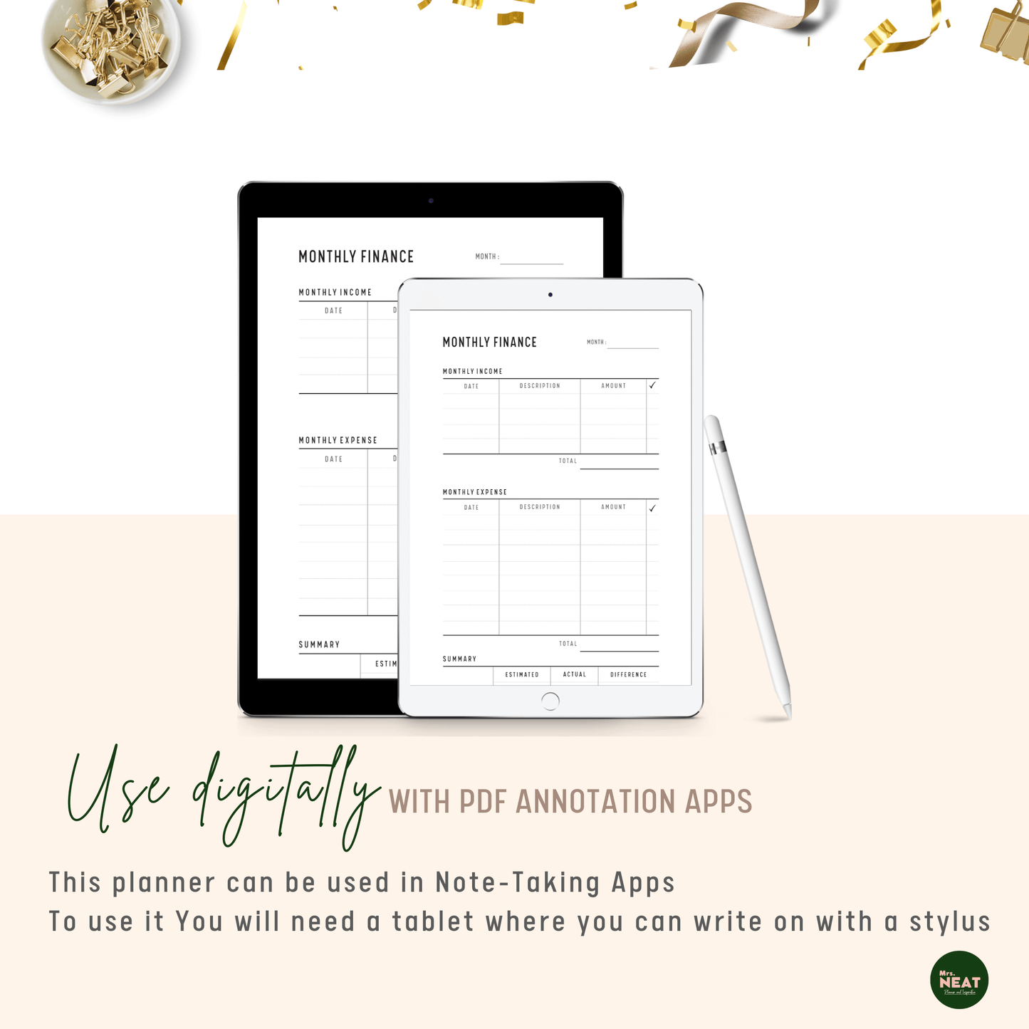 Monthly Finance Planner use digitally on Tablet and Stylus
