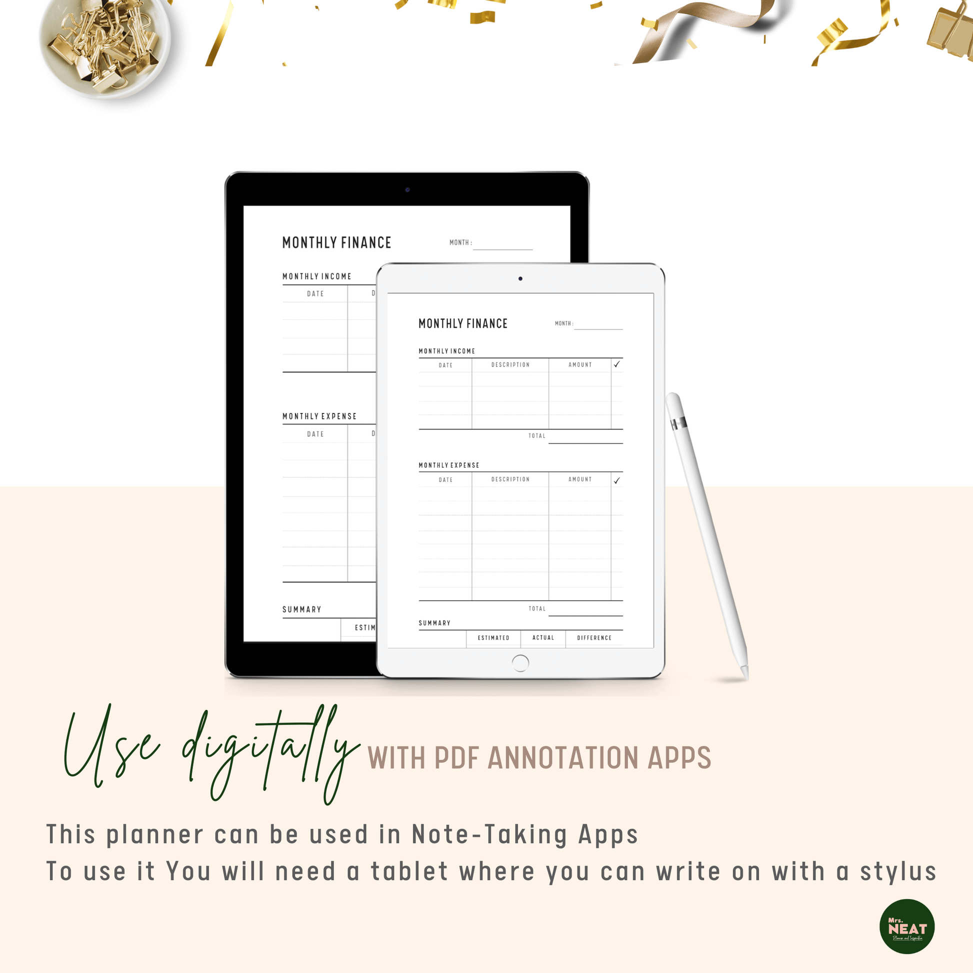 Monthly Finance Planner use digitally on Tablet and Stylus