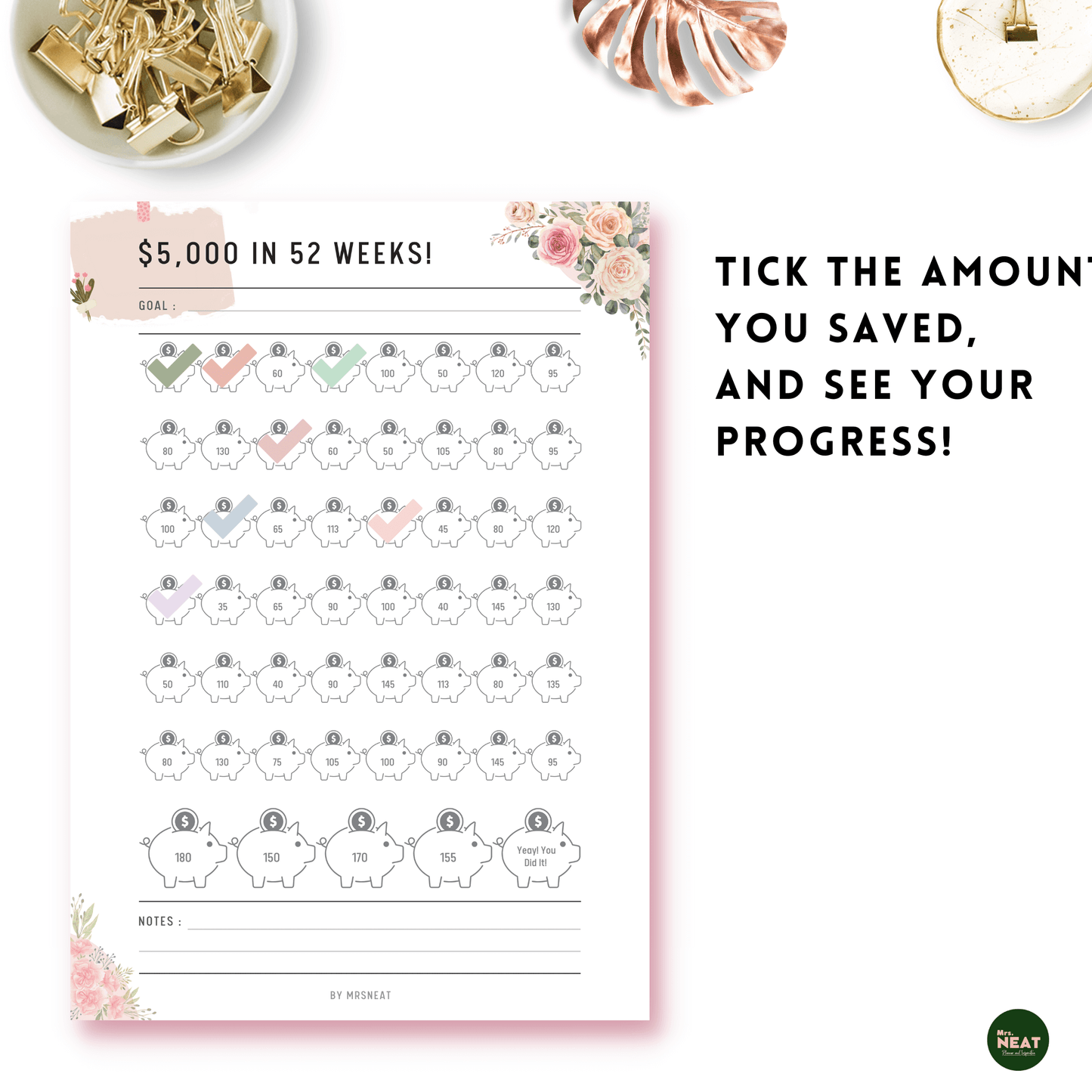 colorful Floral Money Saving Challenge Planner to save $5000 in 52 weeks
