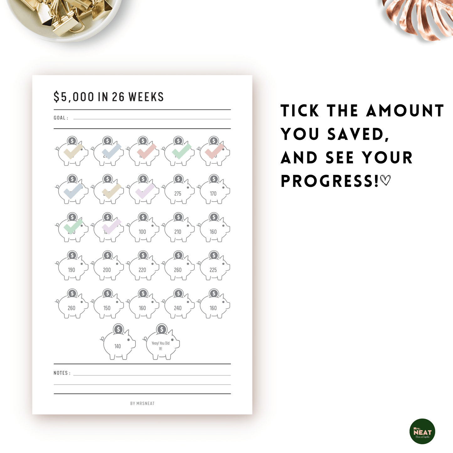 10 Colorful Piggy Bank on Minimalist Money Saving Challenge Planner that save $5000 in 26 Weeks