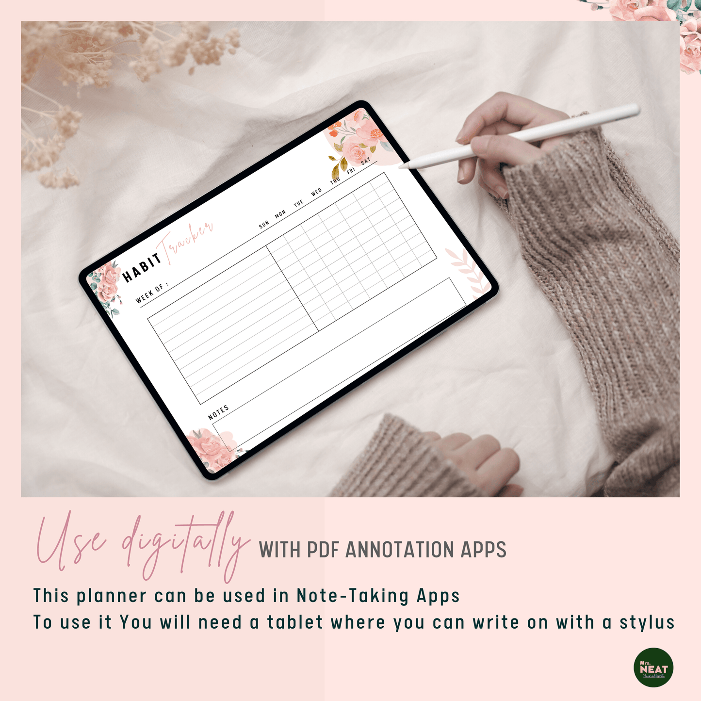 Beautiful Floral Weekly Habit Tracker use digitally with Tablet and Stylus