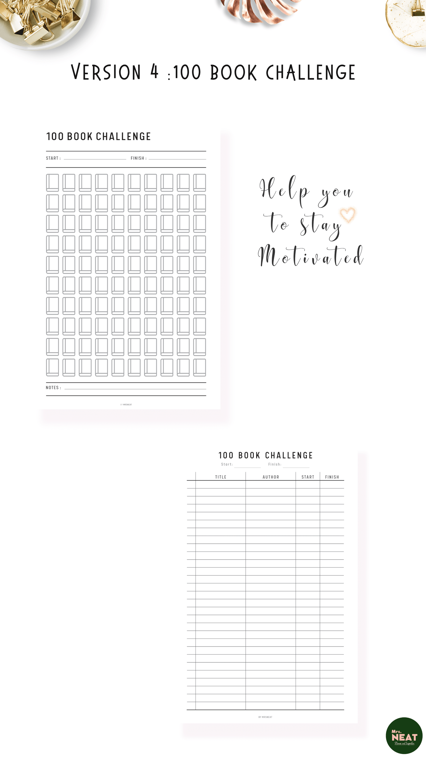 Clean, minimalist and cute 100 Book Challenge Planner with list of the books