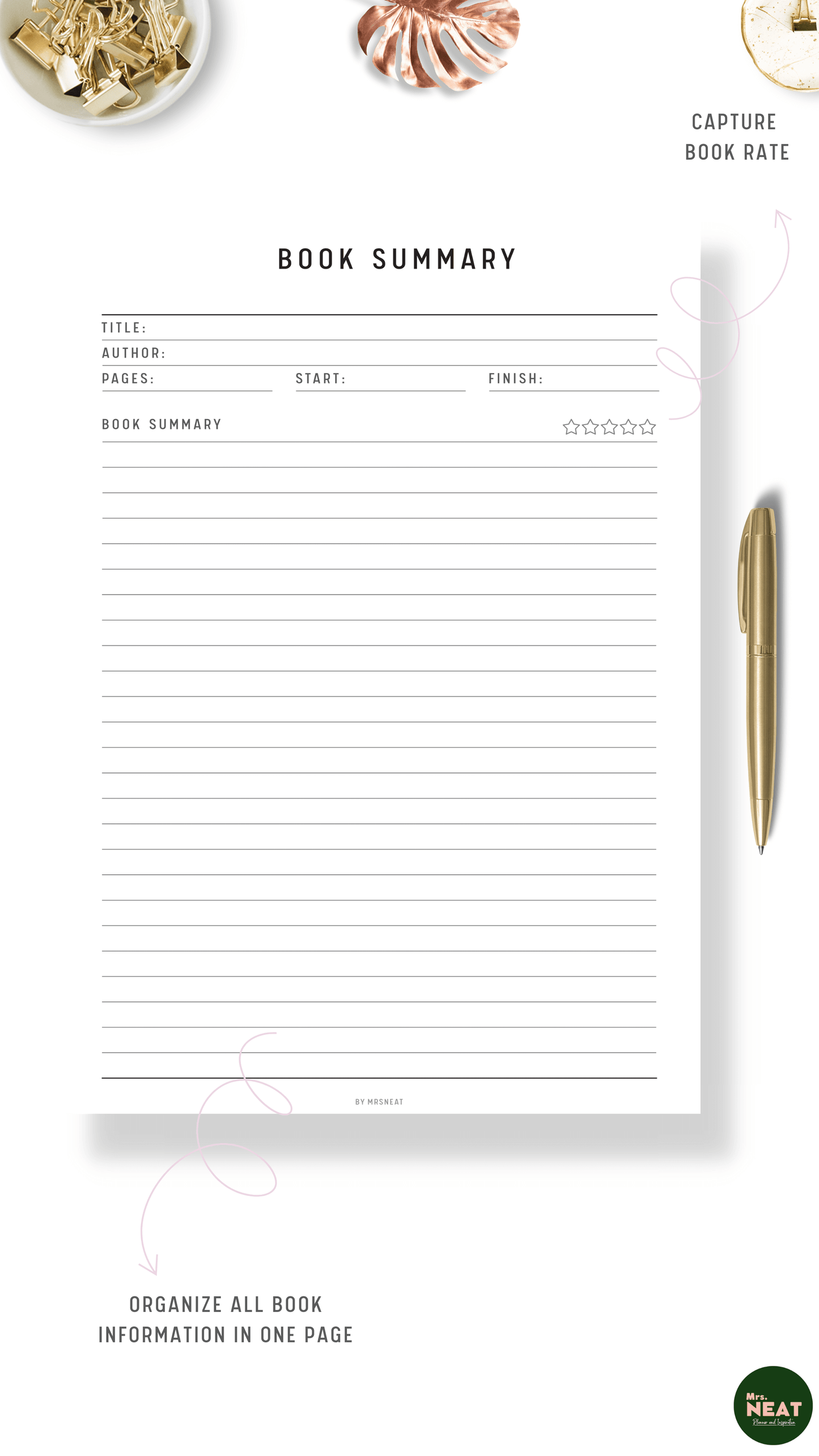 Book Summary Printable with room for Title, author, book pages, reading date, rate star and plenty room to write down book summary
