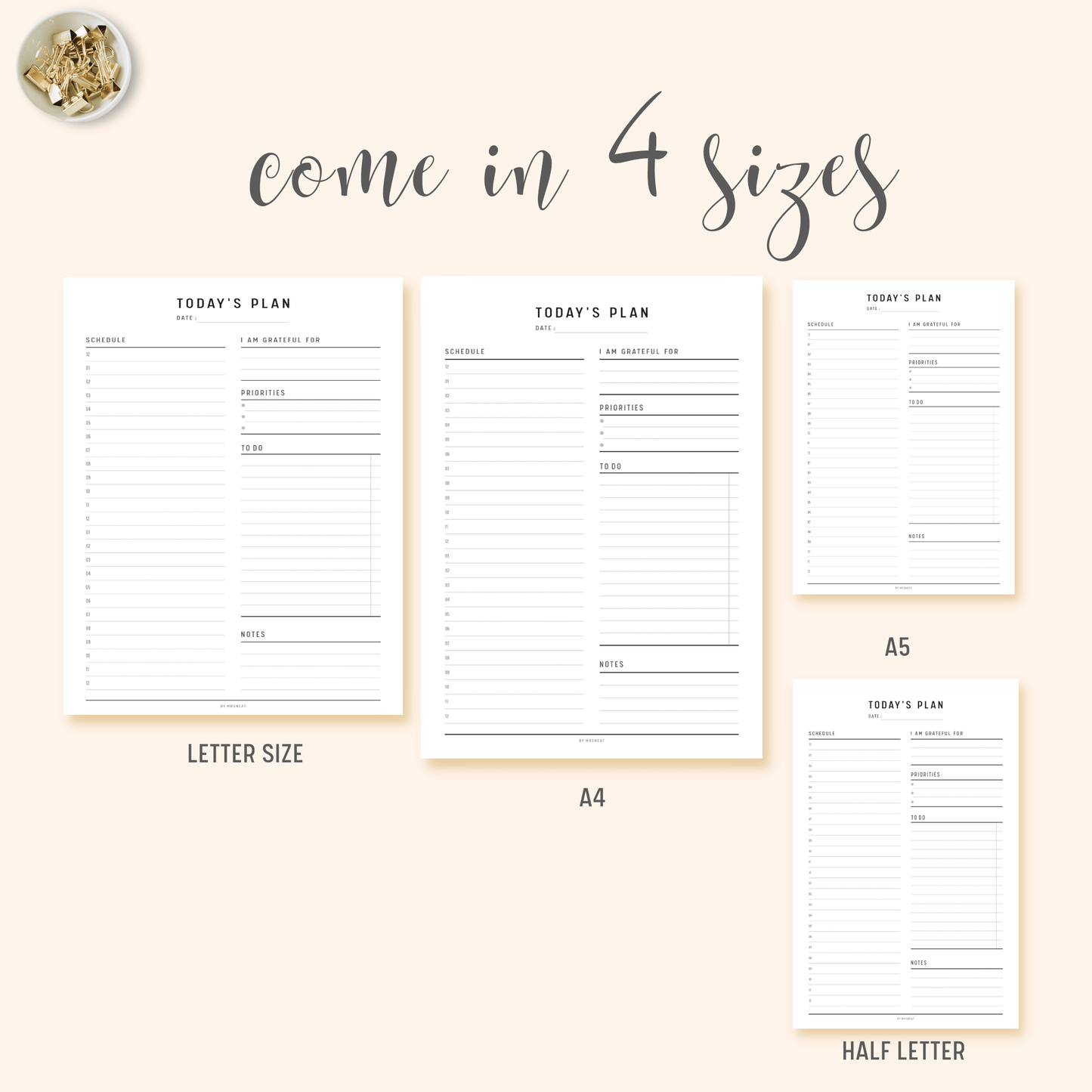 24 Hour Daily Planner Printable in A4, A5, Letter and Half Letter size