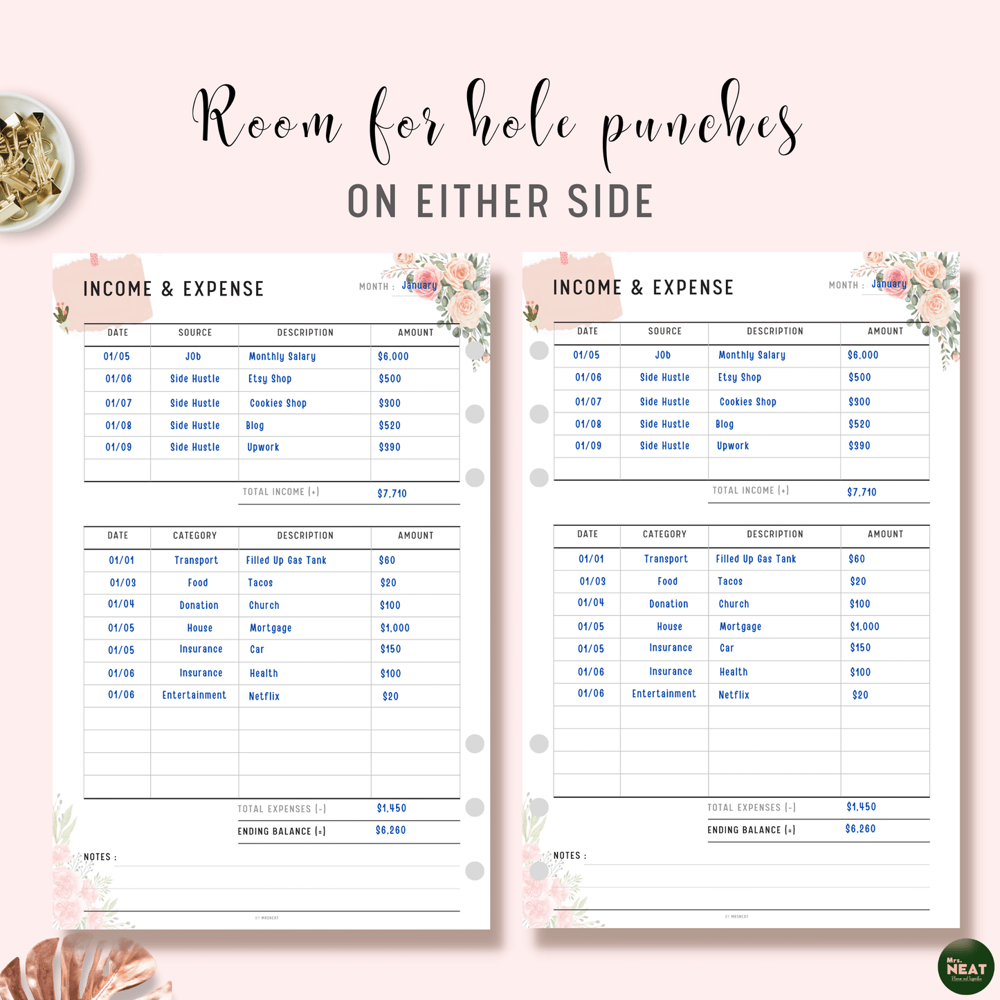 Floral Income and Expense Tracker Planner Printable with room for hole punches on either side