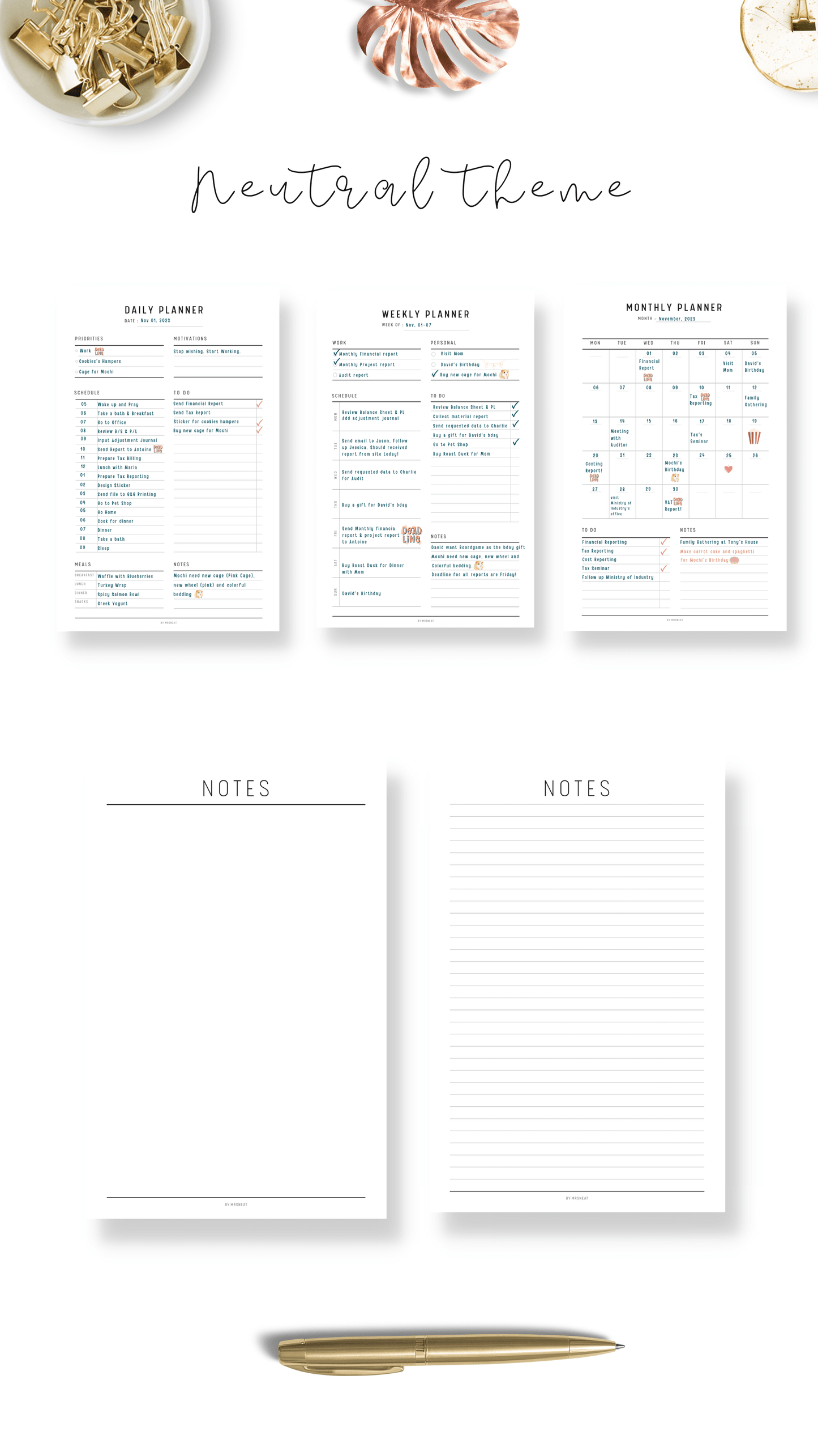Daily, Weekly, Monthly Planner & Notes Pages - M153
