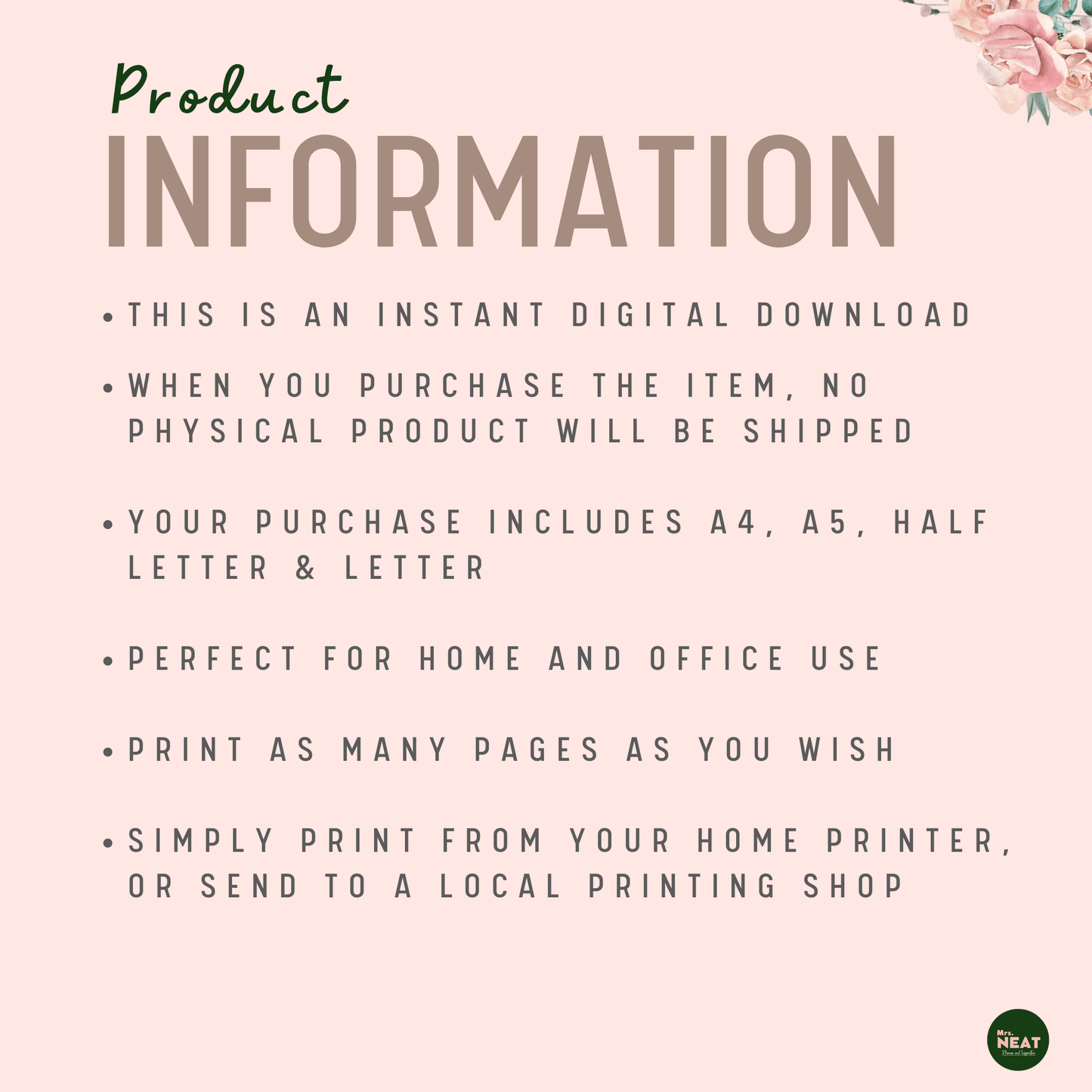 Floral Monthly Finance Planner Product Information