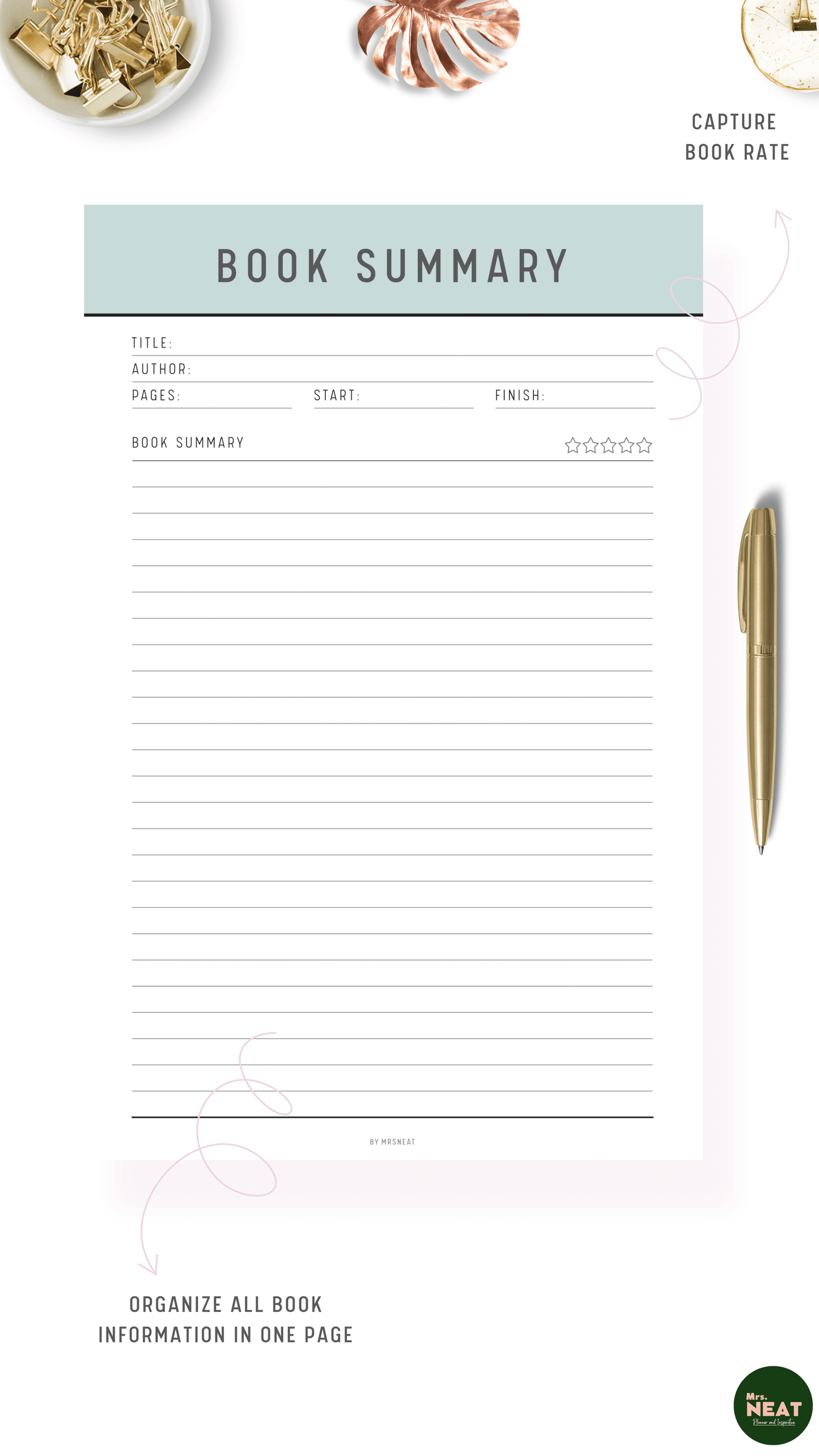 Cute Green Book Summary in capture all book information in one page