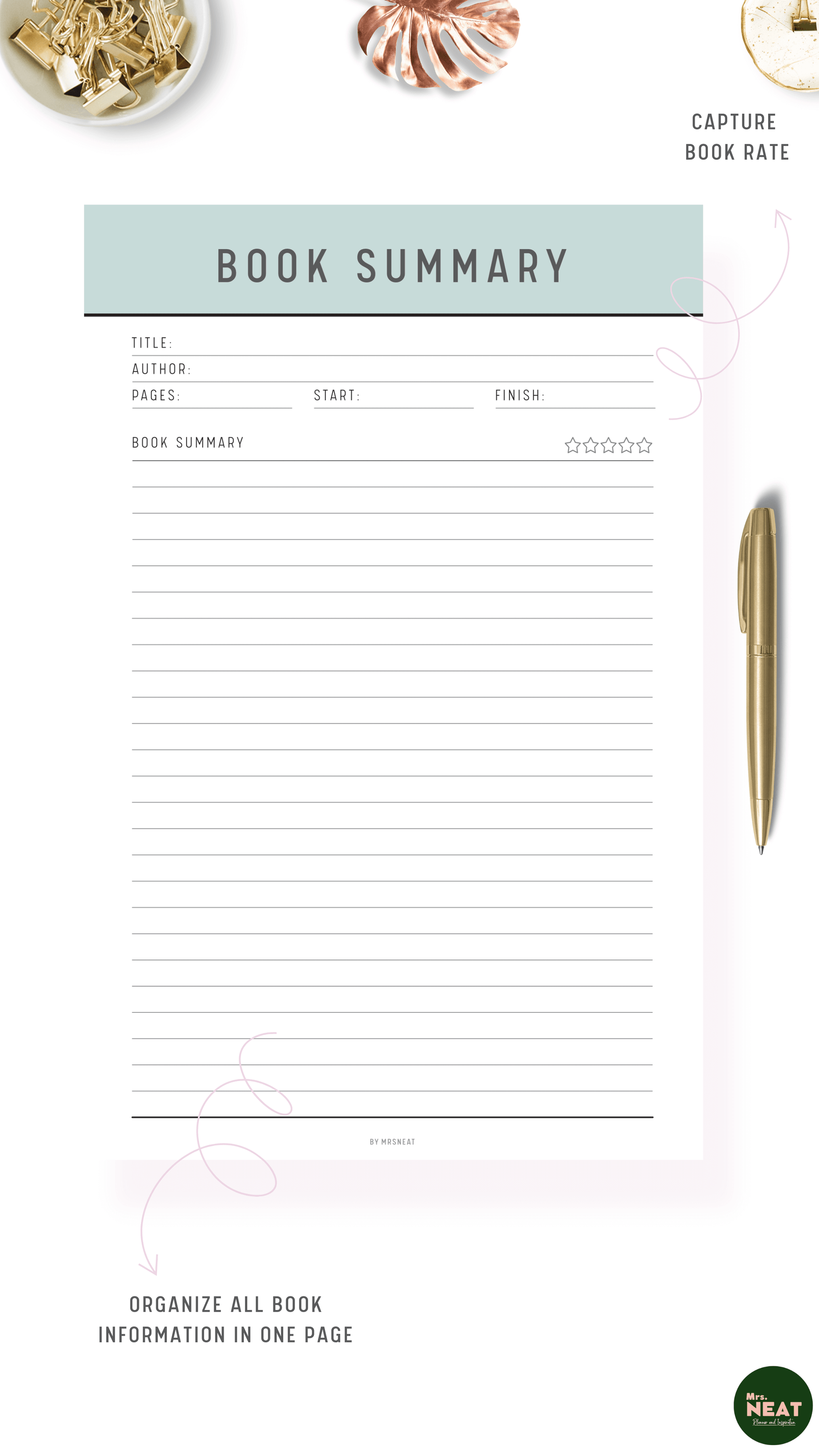 Cute Green Book Summary in capture all book information in one page