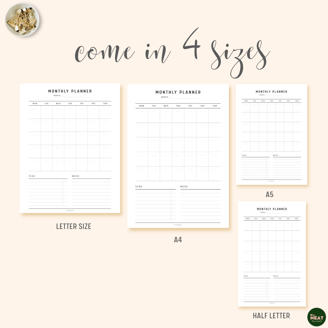 Monthly Planner Printable in A4, A5, Letter and Half Letter size